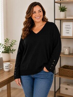 Michel Studio Black V-Neck Lace Up Sleeve Sweater Size 2X